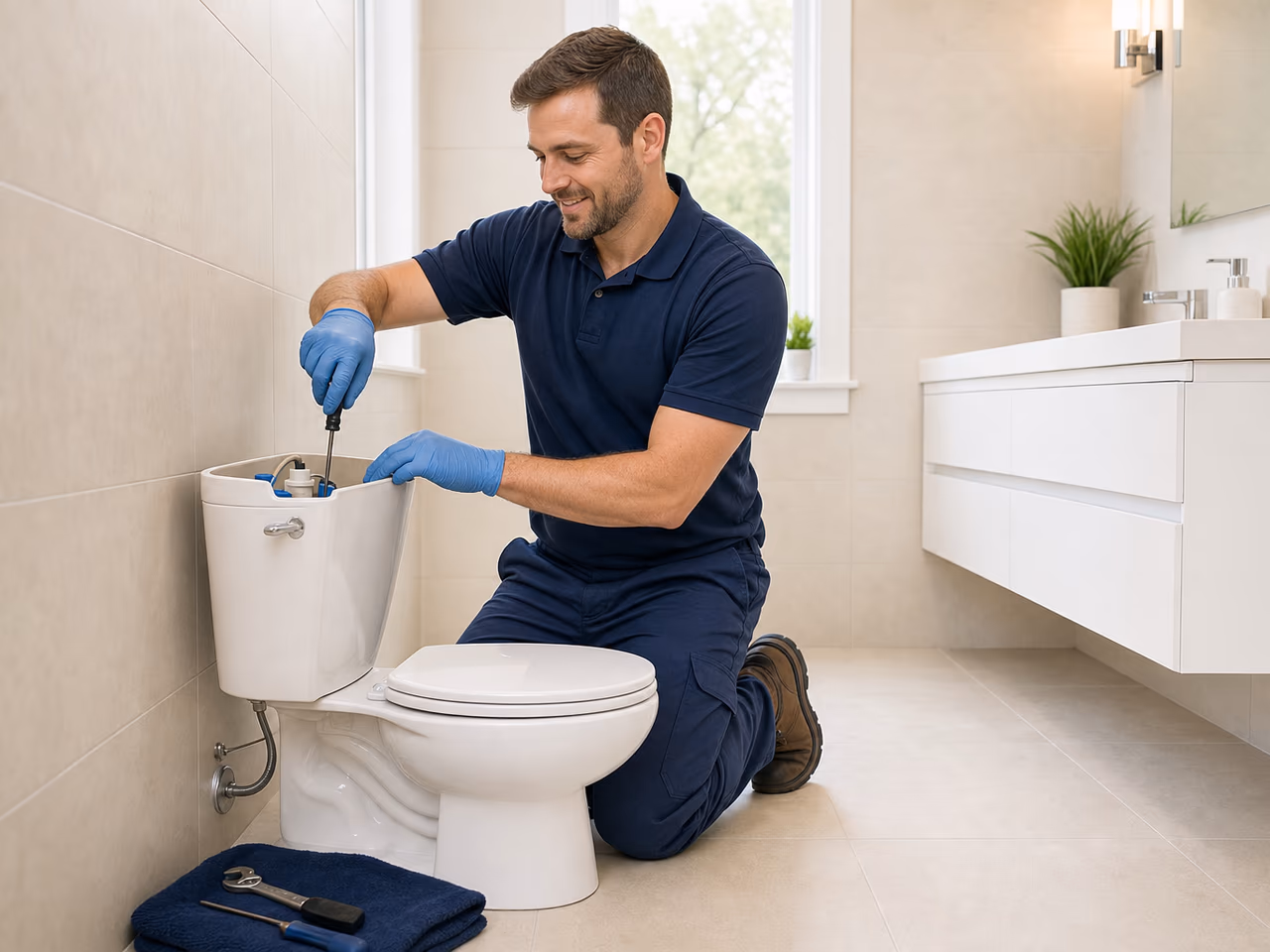 Professional plumber repairing a toilet in a clean bathroom
