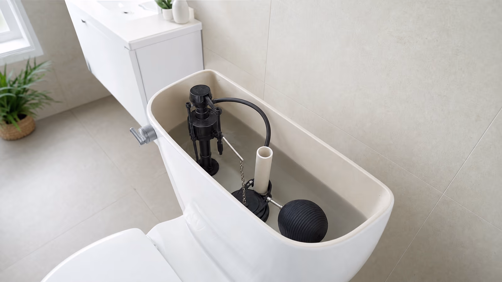 Inside of a toilet tank showing the flapper and fill valve