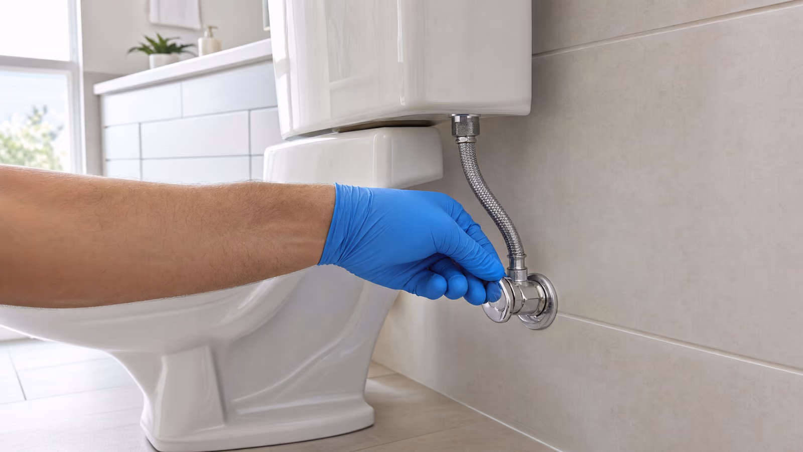Hand turning off the shut-off valve behind a toilet